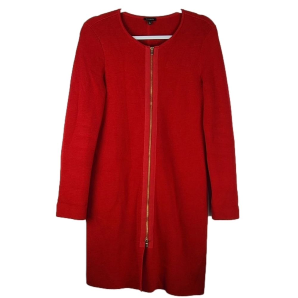 Talbots red scoop neck full zip long sleeve knit long line jacket Sz M Holidays